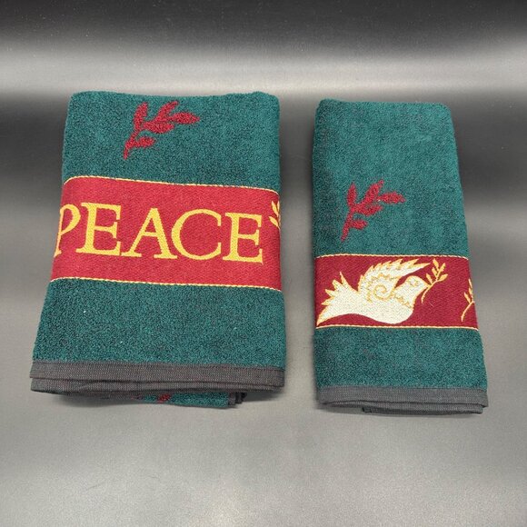 Vintage Christmas Bath Towel Hand Towel Set 1990s Santens USA Peace Dove Cotton - Picture 2 of 8